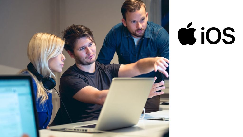 Mobile Development professionals looking at mockups on a desktop computer.